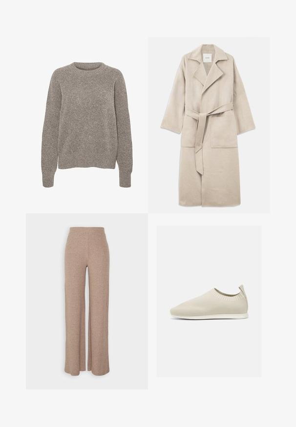 Manteau en mélange de laine beige avec un col cranté, des manches longues, une ceinture à nouer et deux poches avant, présentant une texture douce et une coupe décontractée.; Pull en maille gris clair avec un col rond, des manches longues et une finition texturée subtile. Aucun motif ou accent visible.; Pantalons larges en beige à côtes avec une taille haute et une texture douce, présentant une coupe loose et sans fermetures visibles.; Chaussure slip-on en tricot beige avec profil bas, tige texturée et semelle flexible. Présente un design tissé autour de la cheville pour plus de confort.