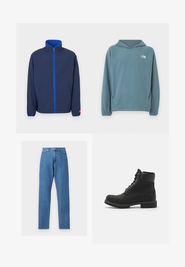 Marineblaue Jacke mit hohem Kragen, Fleece-Futter im Kragen und kontrastierendem blauen Reißverschluss. Verfügt über Seitentaschen und elastische Bündchen.; Blauer Fleece-Hoodie mit Kängurutasche, Kapuze mit Kordelzug und elastischen Bündchen. Auf der Brust befindet sich ein weißes Logo. Glatte Oberfläche.; Blaue, hoch taillierte Jeans mit geradem Bein, vorderen Taschen, Gürtelschlaufen, Knopfverschluss und sichtbaren orangen Nähten auf einem hellgrauen Hintergrund.; Schwarze Knöchelstiefel aus Wildleder mit Gummisohle, ausgestattet mit metallischen Ösen, Schnürsenkeln und einem weichen Kunstfellkragen am oberen Rand.