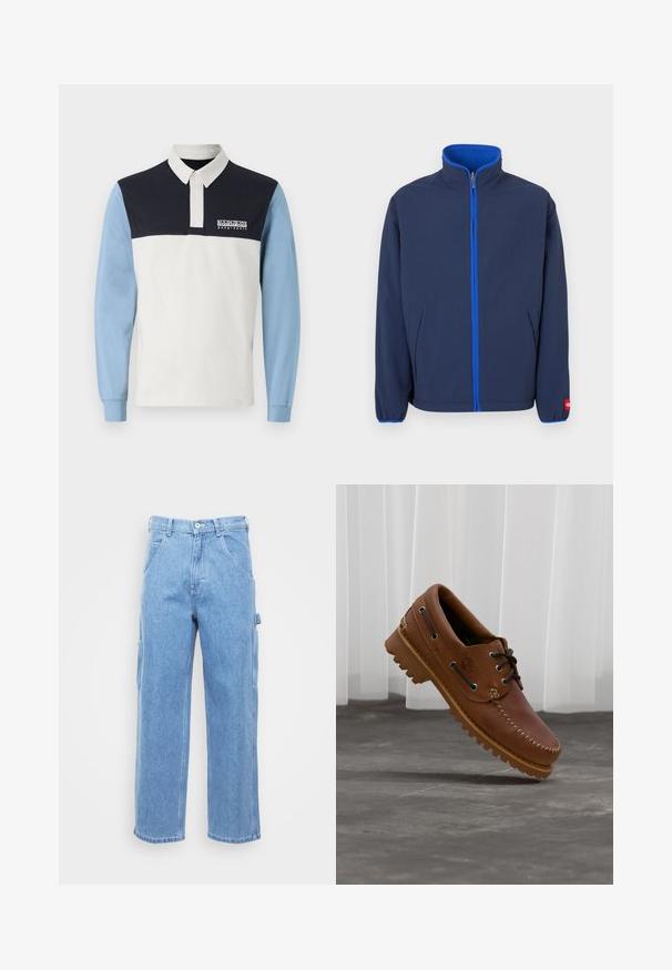 Navyblå jakke med høj hals, fleecefor i kraven og kontrasterende blå lynlås. Har sidelommer og elastiske manchetter.; Langærmet polo-shirt med hvid krop, marineblå skuldre og lyseblå ærmer. Indeholder en krave og et logo på brystet.; Lyseblå denim cargo bukser med lige ben, forlommer og sidelommer. Stofstrukturen er glat med en let falmet overflade.; Brun læder bådsko med sorte snørebånd, beige syninger og en robust sål, hængende over en grå betongulv.