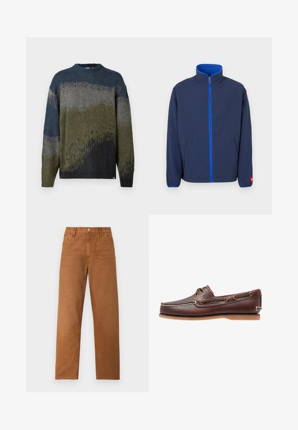 Veste bleu marine avec un col montant, doublure polaire dans le col, et une fermeture éclair contrastante bleue. Comprend des poches latérales et des poignets élastiques.; Pull en maille à col rond, présentant des motifs dégradés verts, gris et bleus, texture douce, coupe ample et poignets et ourlet côtelés.; Pantalon marron à jambes droites avec passants de ceinture, poches avant et fermeture à bouton, présenté sur un fond clair uni.; Chaussure bateau en cuir marron avec coutures blanches, détails de lacets et semelle en caoutchouc beige, vue de côté sur fond blanc.