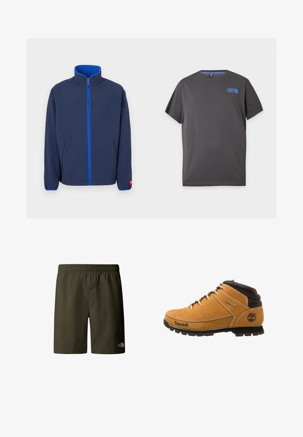 Marineblauw jack met een hoge kraag, fleece voering in de kraag en een contrasterende blauwe rits. Voorzien van zijzakken en elastische manchetten.; Donkergrijs T-shirt met korte mouwen en ronde hals met een klein blauw The North Face-logo op de linker bovenborst tegen een witte achtergrond.; Olivengroene cargo shorts met een elastische tailleband en trekkoord, met een klein logo aan de onderzijde rechts. Glad, lichtgewicht stof.; Bruine en gele leren wandelschoen met rubberen zool, metalen eyelets, gewatteerde kraag en Timberland-logo op de zijkant.