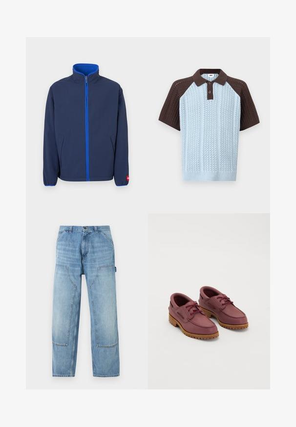Marineblauw jack met een hoge kraag, fleece voering in de kraag en een contrasterende blauwe rits. Voorzien van zijzakken en elastische manchetten.; Korte mouwen gebreide polo met lichtblauwe romp en donkerbruine raglanmouwen, voorzien van een knoopsluiting met twee knopen en een gestructureerd patroon.; Lichtblauwe denim timmermansbroeken met grote voorzakken en een hamerlus aan de rechterkant, rechte pijp.; Een paar wijnrode leren bootschoenen met dikke tan rubberen zolen en rode veters op een witte achtergrond.