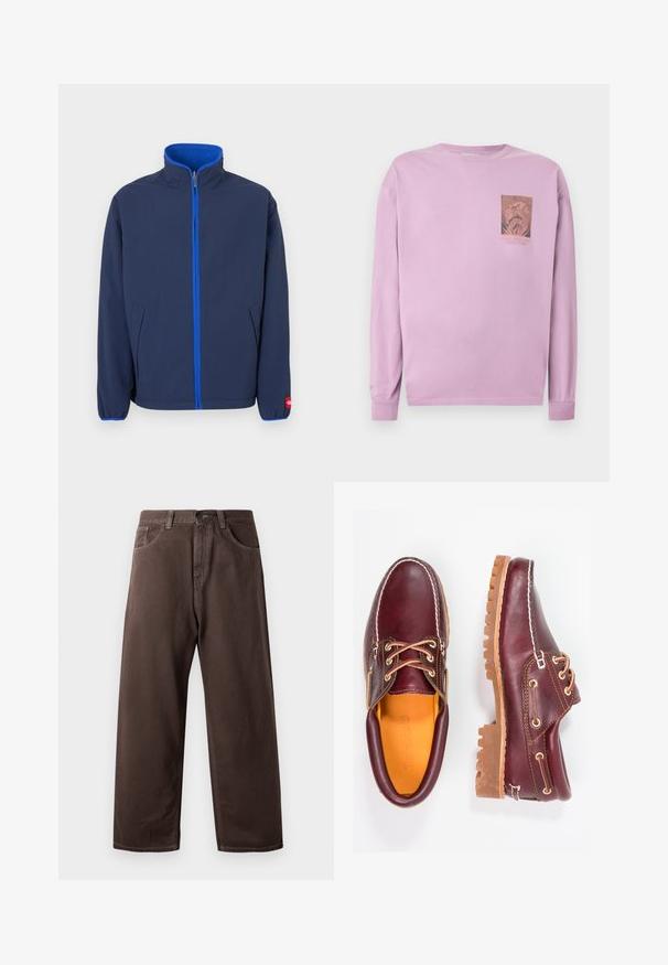 Veste bleu marine avec un col montant, doublure polaire dans le col, et une fermeture éclair contrastante bleue. Comprend des poches latérales et des poignets élastiques.; Chemise à manches longues lavande avec un petit graphisme et du texte sur le côté gauche de la poitrine, présentant un motif circulaire complexe.; Pantalons larges marron en coton, avec un design classique à cinq poches, une fermeture éclair et des détails de couture visibles.; Chaussures en cuir bourgogne avec semelles en caoutchouc marron, bout rond, couture blanche et œillets dorés. L'intérieur présente une doublure jaune.