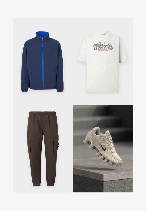 Navyblå jakke med høj hals, fleecefor i kraven og kontrasterende blå lynlås. Har sidelommer og elastiske manchetter.; Lysegrå T-shirt med farverige tegneserie-robotfigurer, der spiller basketball over rød "new balance" tekst.; Cargo bukser i mørkebrunt stof, med elastisk talje, tapered ben og to sidelommer med klapper.; Beige Nike løbesko med sort swoosh, åndbart overdel og karakteristisk opdelt sål, placeret over en betonplatform.