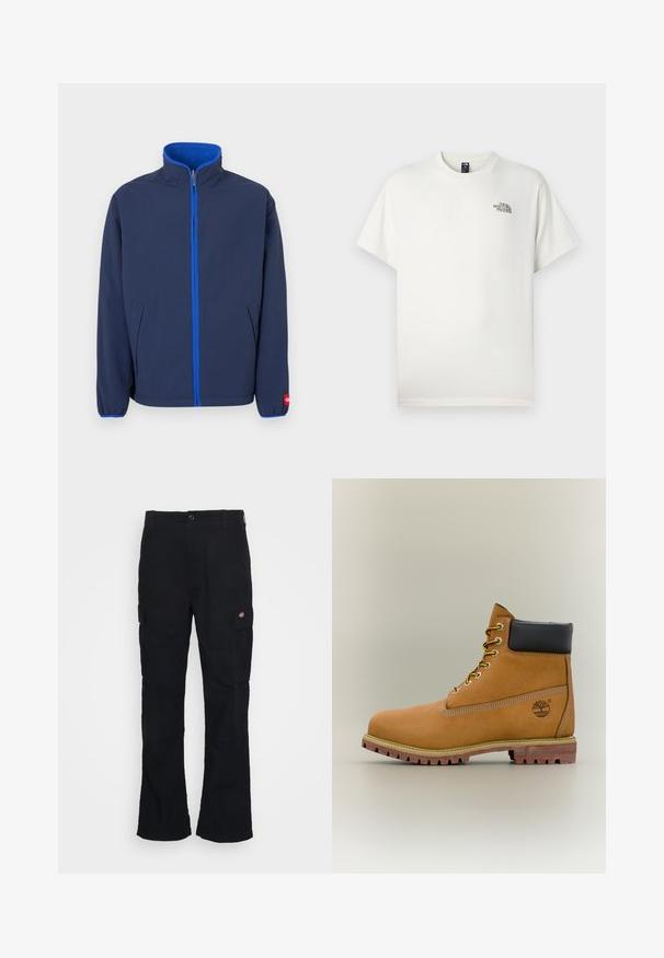 Marineblaue Jacke mit hohem Kragen, Fleece-Futter im Kragen und kontrastierendem blauen Reißverschluss. Verfügt über Seitentaschen und elastische Bündchen.; Weißes Baumwoll-T-Shirt mit kurzen Ärmeln, Rundhalsausschnitt und kleinem, aufgedrucktem Logo auf der linken Brust. Glatte Textur, lockere Passform.; Schwarze Cargo-Hose mit geradem Bein, aus strapazierfähigem Stoff gefertigt, mit Seitentaschen und einem aufgenähten Logo auf der linken Seite.; Brauner Leder-Stiefelette mit schwarzem Kragen, gelben Schnürsenkeln und hellbrauner Sohle. Verfügt über ein Logo und weiße Ziernähe. Robuste Profilsohle.