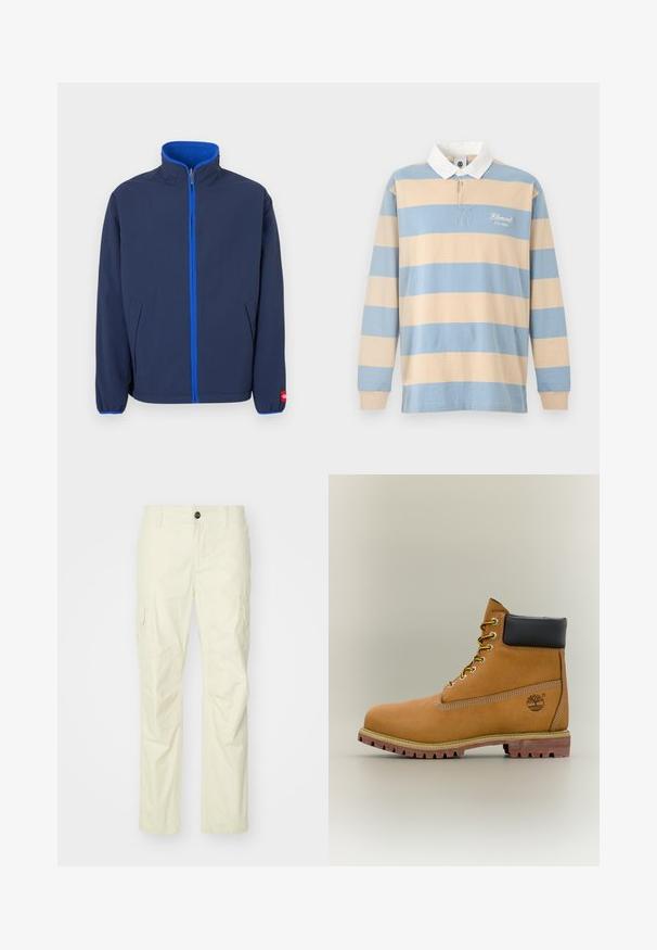 Veste bleu marine avec un col montant, doublure polaire dans le col, et une fermeture éclair contrastante bleue. Comprend des poches latérales et des poignets élastiques.; Maillot de rugby à manches longues avec larges rayures horizontales beige et bleu clair, col blanc et texte "Element Co. 1992" sur la poitrine.; Pantalons cargo beige en tissu léger, dotés de poches latérales, d'une fermeture à bouton et de jambes droites. Texture lisse avec coutures ajustées.; Bottine en cuir marron avec col noir, lacets jaunes et semelle beige. Présente un logo et des détails de couture blanche. Semelle extérieure à traction robuste.