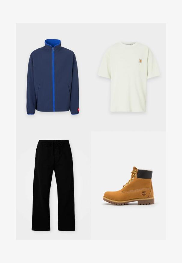 Marineblaue Jacke mit hohem Kragen, Fleece-Futter im Kragen und kontrastierendem blauen Reißverschluss. Verfügt über Seitentaschen und elastische Bündchen.; Hellgrünes T-Shirt mit kurzen Ärmeln aus strukturiertem Stoff, in lockerer Passform, mit einem kleinen quadratischen Logopatch auf der Brust.; Schwarze, elastische Hosen mit verstellbarem Kordelzug, weitem Bein und glatter Baumwollstruktur. Keine sichtbaren Muster oder Hardware-Details.; Braune Leder-Ankle-Boots mit Metallösen, weißem Kunstfellfutter, schwarzem gepolstertem Kragen, robustem Sohlenprofil und geprägtem Logo an der Seite.