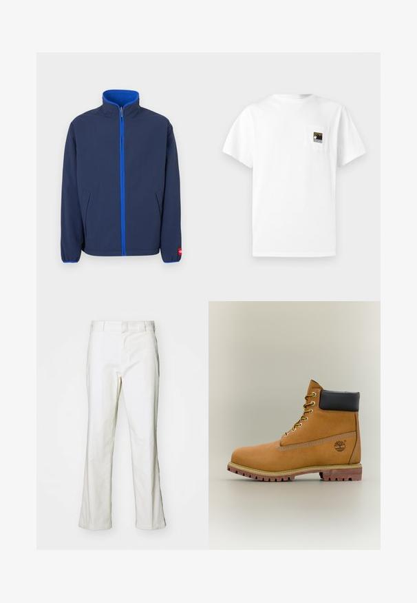 Veste bleu marine avec un col montant, doublure polaire dans le col, et une fermeture éclair contrastante bleue. Comprend des poches latérales et des poignets élastiques.; T-shirt en coton blanc à manches courtes avec une poche poitrine ornée d'un logo de montagne en noir et or. Design simple et épuré.; Pantalons en coton blanc avec une coupe droite, dotés d'une taille et de poches standard. Le tissu semble lisse et légèrement texturé.; Bottine en cuir marron avec col noir, lacets jaunes et semelle beige. Présente un logo et des détails de couture blanche. Semelle extérieure à traction robuste.