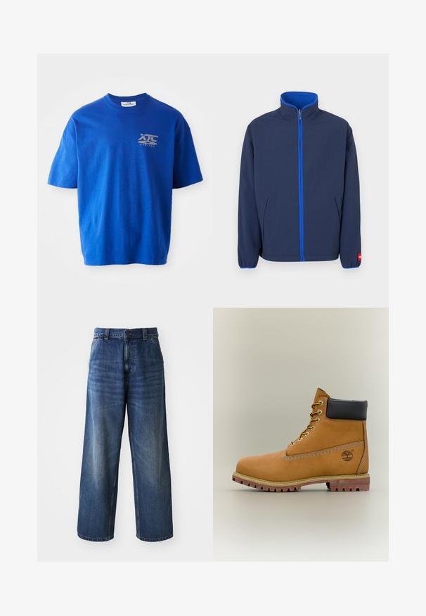Chaqueta azul marino con cuello alto, forro polar en el cuello y cremallera azul en contraste. Cuenta con bolsillos laterales y puños elásticos.; Camiseta de algodón azul con mangas cortas, con un logo gris en la parte superior izquierda del pecho, escote redondo y un corte relajado.; Jeans de mezclilla azul de cintura alta con un diseño de pierna ancha, que presentan un ligero desvanecimiento, bolsillos delanteros y un cierre de botón en la cintura.; Bota de tobillo de cuero marrón con cuello negro, cordones amarillos y suela beige. Presenta un logotipo y detalles de costura blanca. Suela exterior con tracción robusta.