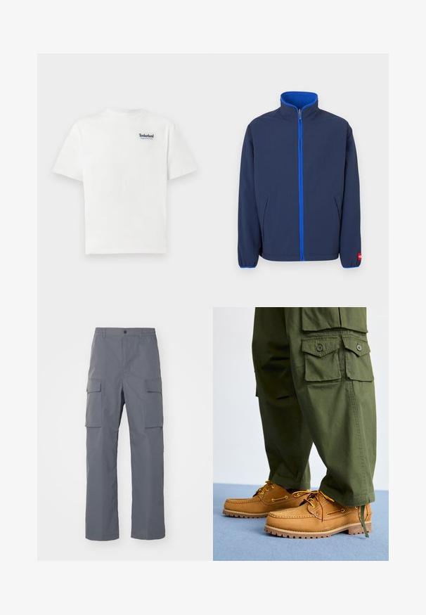 Navyblå jakke med høj hals, fleecefor i kraven og kontrasterende blå lynlås. Har sidelommer og elastiske manchetter.; Hvid bomulds T-shirt med et blåt broderet "Timberland Rugged Active Gear" logo på den øverste venstre bryst. Korte ærmer og rund hals.; Grå cargo-bukser lavet af holdbart stof. Funktioner inkluderer en elastisk talje, to store sidelommer og en lige benudskæring.; Timberland AUTHENTIC 3 EYE - Sejlersko - wheat