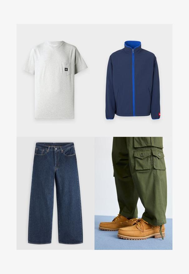Veste bleu marine avec un col montant, doublure polaire dans le col, et une fermeture éclair contrastante bleue. Comprend des poches latérales et des poignets élastiques.; T-shirt en coton gris pour homme avec un col rond, des manches courtes et une poche sur la poitrine gauche arborant un petit patch logo noir.; Jean en denim bleu foncé à jambes larges avec poches avant, fermeture à boutons et passants de ceinture, posé à plat sur un fond clair.; Timberland AUTHENTIC 3 EYE - Chaussures bateau - wheat