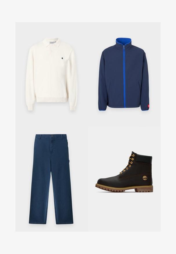 Veste bleu marine avec un col montant, doublure polaire dans le col, et une fermeture éclair contrastante bleue. Comprend des poches latérales et des poignets élastiques.; Polo à manches longues de couleur blanc cassé avec deux boutons, poignets côtelés, col et petit logo Carhartt noir sur le côté gauche de la poitrine.; Pantalon en velours côtelé bleu marine à jambes droites, avec passants de ceinture, bouton avant, fermeture éclair et poches latérales.; Bottine noire en cuir avec œillets dorés, accents marron et semelle en caoutchouc. Comprend un col rembourré et un logo estampé sur le côté.