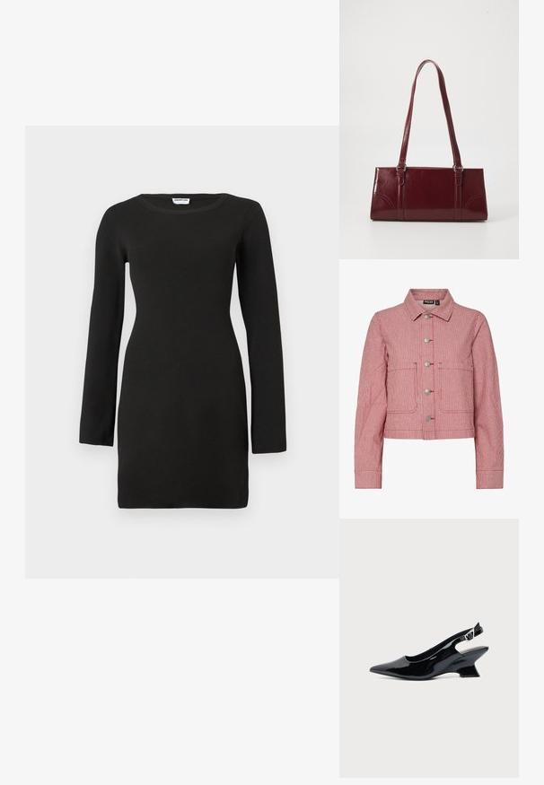 Veste en denim rayée rouge et blanche avec un col, des boutons en métal, deux poches avant et des manches longues. Design court avec des détails cousus.; Robe noire à manches longues en tissu côtelé, dotée d'un col rond et d'une silhouette ajustée, se termine au-dessus des genoux.; Chaussure slingback en cuir verni noir avec bout pointu et petit talon bloc incliné sur fond clair uni.; Sac à main bordeaux en matériau brillant, de forme rectangulaire, avec deux anses et des accents légèrement courbés à l'avant.