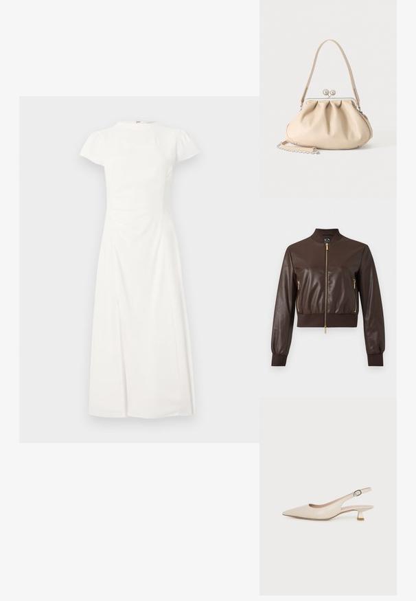 Veste bomber en similicuir marron foncé avec fermetures éclair dorées, poignets et ourlet côtelés, vue de face sur fond uni.; Robe midi blanche à manches courtes avec un col montant et une taille cintrée, présentant une fente avant subtile sur un fond uni.; Chaussure slingback beige à bout pointu avec un petit talon kitten et une boucle latérale réglable sur fond blanc uni.; Sac à main en cuir souple beige avec un fermoir en métal argenté, une bandoulière simple et une bandoulière chaîne optionnelle sur fond blanc.