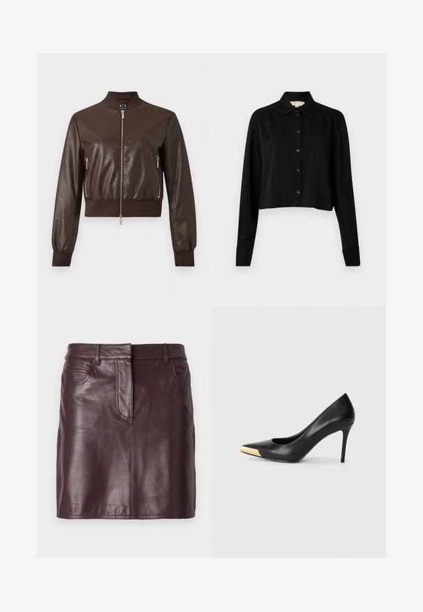 Veste bomber en similicuir marron foncé avec fermetures éclair dorées, poignets et ourlet côtelés, vue de face sur fond uni.; Chemise noire courte à manches longues, col pointu et fermeture par boutons. Fabriquée en tissu lisse avec une coupe décontractée et des manches à poignets.; Mini-jupe en cuir bordeaux à texture lisse, avec poches frontales et passants pour ceinture. Présente des lignes épurées et un design simple.; Pompe à talon haut en cuir noir avec bout pointu ; présente une accentuation métallique dorée sur le capuchon. Surface lisse avec un design épuré.