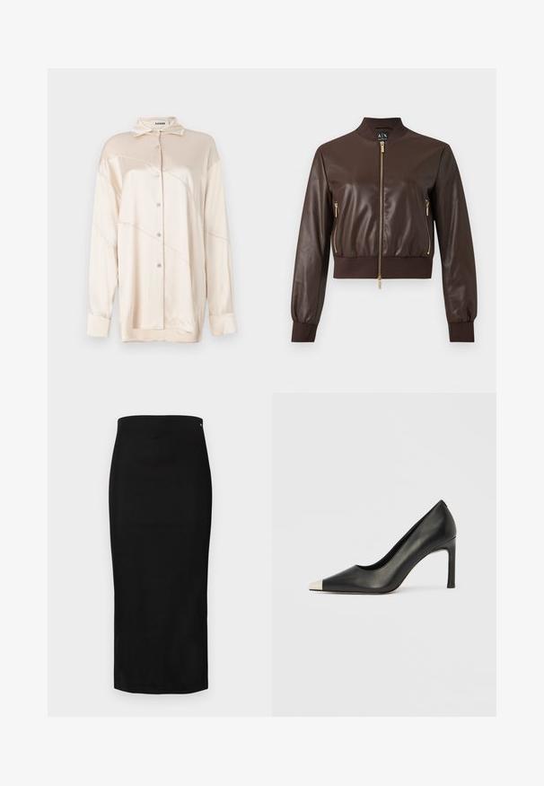Cazadora bomber de piel sintética color marrón oscuro con cierres de cremallera en tono dorado y puños y dobladillo acanalados, vista frontal sobre fondo liso.; AERON ABIGAIL SHIRT - Blusa - silver; Falda lápiz negra de tela lisa, con silueta ajustada, diseño hasta la rodilla y un pequeño logo de la marca cerca de la cintura.; Zapato de tacón alto de cuero negro con punta en forma de pico y una tapa metálica plateada. Presenta un acabado suave y un tacón delgado de 10 cm.