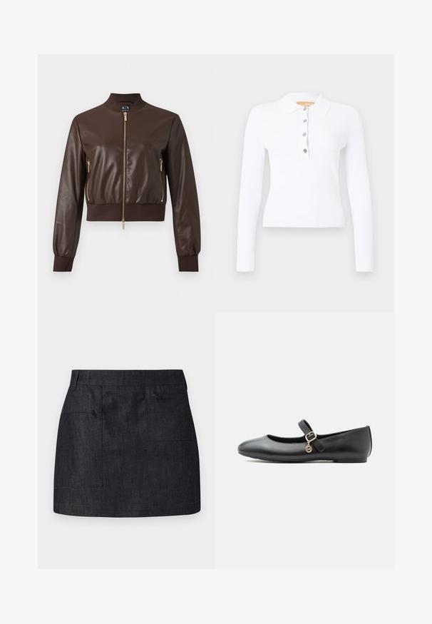 Veste bomber en similicuir marron foncé avec fermetures éclair dorées, poignets et ourlet côtelés, vue de face sur fond uni.; Polo blanc à manches longues côtelées avec col et quatre boutons argentés sur la patte de boutonnage.; Jupe en denim foncé avec une coupe droite, dotée de deux poches avant et d'une texture subtile. Ourlet net et design de taille standard.; Chaussure plate Mary Jane en cuir noir avec une petite boucle dorée et un charme circulaire sur fond blanc.
