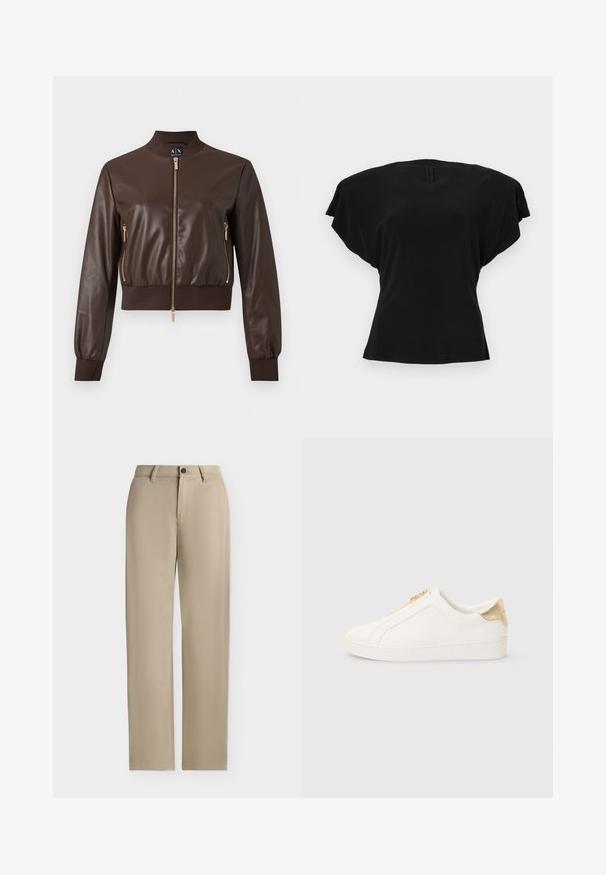 Veste bomber en similicuir marron foncé avec fermetures éclair dorées, poignets et ourlet côtelés, vue de face sur fond uni.; Blouse noire à manches courtes avec épaules larges et col en V, présentée sur un fond clair uni.; Pantalon beige droit avec passants de ceinture, fermeture par bouton et devant plat sur un fond clair.; Baskets blanches à enfiler en cuir lisse, avec une fermeture éclair dorée et un accent près du talon avec une finition texturée et un logo embossé sur le côté.