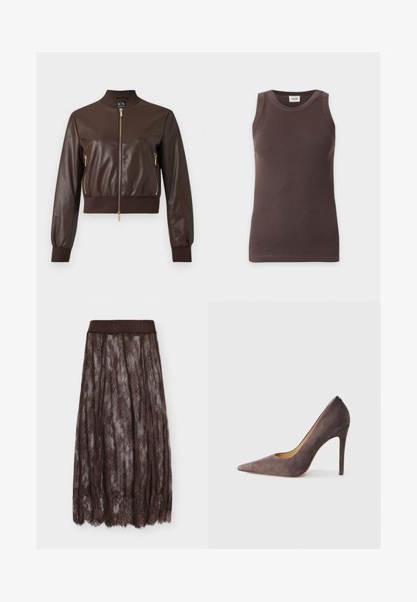 Veste bomber en similicuir marron foncé avec fermetures éclair dorées, poignets et ourlet côtelés, vue de face sur fond uni.; Débardeur marron côtelé sans manches avec col rond, présenté sur un fond clair uni.; Jupe midi en dentelle marron avec ourlet festonné et taille élastique avec marquage en relief "ALLSAINTS", posée à plat sur fond blanc.; Escarpin en daim gris à talon haut avec un bout pointu et une silhouette épurée. Présente une finition lisse et un talon étroit pour un look moderne.