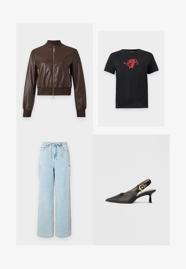 Cazadora bomber de piel sintética color marrón oscuro con cierres de cremallera en tono dorado y puños y dobladillo acanalados, vista frontal sobre fondo liso.; Camiseta negra de manga corta con un gráfico centrado en el pecho que muestra a un cupido rojo sosteniendo un arco y una flecha.; Jeans de mezclilla de tiro alto en un azul claro, con pierna ancha y cintura con cordón. Presentan dos desgastes en las rodillas y un dobladillo limpio. Textura suave y corte relajado.; Zapato de tacón alto tipo slingback negro con punta afilada, textura de cuero suave y un acento de hebilla en tono dorado en la correa.