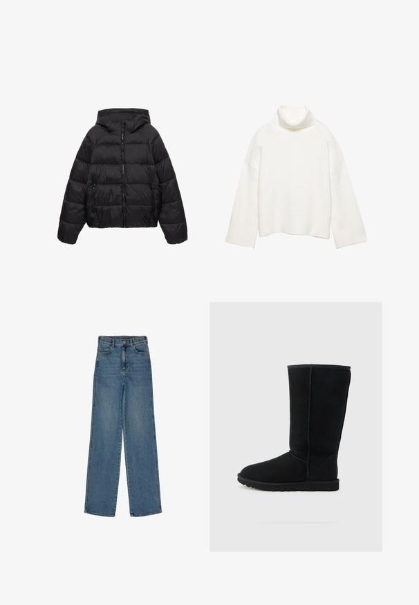 Sort quiltet dunjakke med hætte, lynlås foran og lynlåslommer i siderne, designet til koldt vejr.; Hvid rullekrave sweater lavet af blødt stof, med en afslappet pasform, sænkede skuldre og brede ribstrikkede manchetter og kant.; Højtaljede, lige ben jeans lavet af blåt denim. Har forlommer, enkelt knaplukning og en ren kant. Ingen synlige udsmykninger.; Sort ruskind midt på læggen støvle med rundet tå, tekstureret overflade, synlige sømme og gummisål. Klassisk design uden pynt.