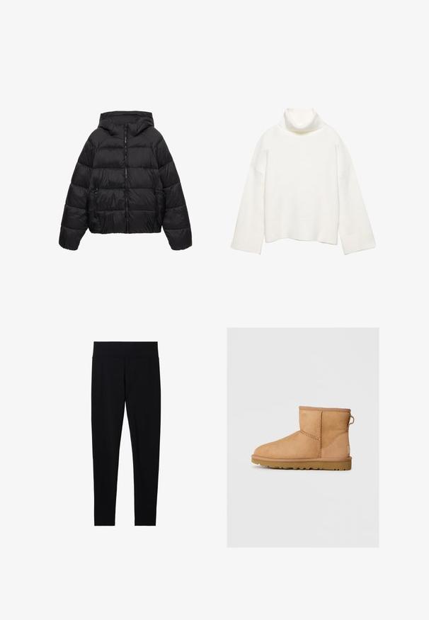 Doudoune matelassée noire avec capuche, fermeture éclair frontale et poches latérales zippées, conçue pour temps froid.; Pull à col roulé blanc en tissu doux, présentant une coupe décontractée, des épaules tombantes et des poignets et un ourlet larges côtelés.; Leggings noirs taille haute avec coupe slim longue, taille lisse, présentés sur fond blanc.; Bottines en suède beige avec bout rond, détails cousus, tirant à l'arrière et semelle en caoutchouc texturé. Conçues pour le confort et la chaleur.