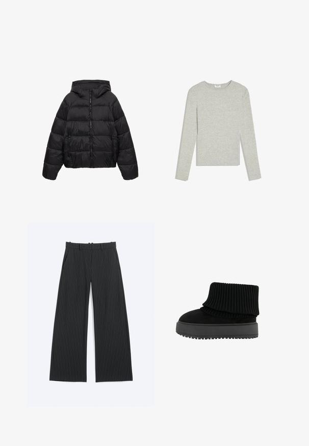 Doudoune matelassée noire avec capuche, fermeture éclair frontale et poches latérales zippées, conçue pour temps froid.; Chemise gris clair à manches longues avec col rond, coupe ajustée et sans motifs ou logos visibles, posée à plat sur un fond blanc.; Pantalon large noir à fines rayures blanches, avec passants de ceinture, poches avant et fermeture avant dissimulée.; Bottine noire avec un col en tricot côtelé et une semelle plate et texturée. Fabriquée à partir d'une combinaison de daim et de matériaux élastiques.