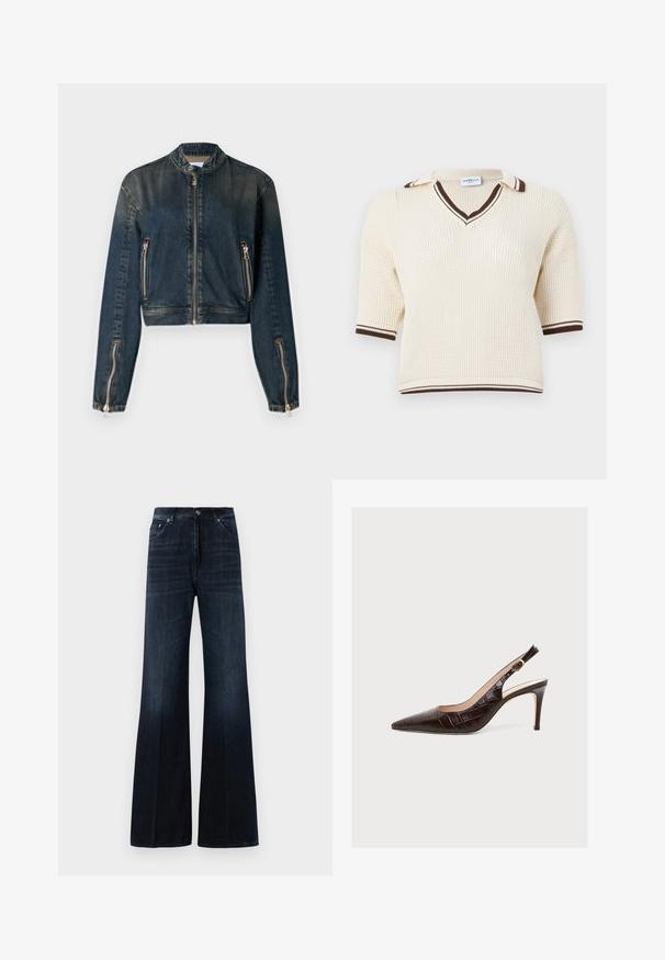 Donkerdenim cropped jack met hoge kraag, ritssluiting aan de voorkant en twee zijzakken met rits. Heeft slanke zilverkleurige hardware en een licht vervaagde textuur.; Gebreide korte mouw polo in crème met bruine accenten, voorzien van een V-hals en een gestructureerd patroon over het gehele kledingstuk.; Donkerblauwe hoge taille wijde jeans met voorzakken, riemlussen en een knoop- en ritsluiting.; Donkerbruine leren slingback met krokodillenprint, hoge hak, spits toelopende neus en gouden gespsluiting op witte achtergrond.