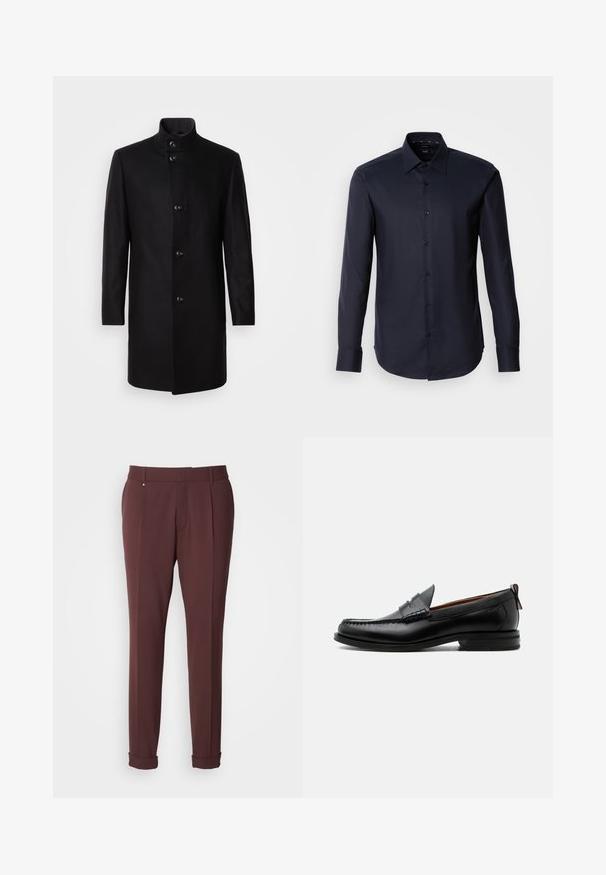 Manteau en mélange de laine noir avec un col haut, fermeture à boutons à l'avant, manches longues et silhouette épurée. Aucun motif ni ornement.; Chemise à boutons à manches longues bleu marine foncé, fabriquée en tissu lisse. Elle présente un col pointu et des poignets à un bouton. Design minimaliste sans motifs.; Pantalons ajustés bordeaux avec une texture lisse, dotés de passants de ceinture, de plis avant et d'ourlets roulés pour un look ajusté.; Mocassin homme en cuir noir avec couture moc toe, bride penny, col texturé et petit talon empilé sur fond blanc.