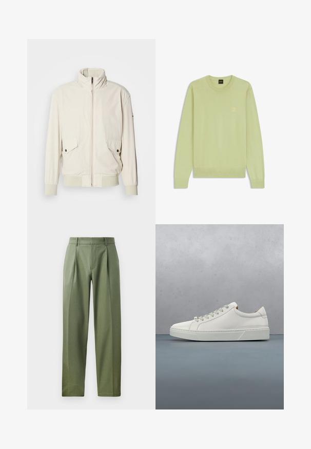 Chaqueta de color beige claro con un cuello alto, cierre de cremallera, dos bolsillos con solapa y puños acanalados. Confeccionada en un material suave y liso.; Suéter de manga larga color verde claro con cuello redondo, puños y dobladillo acanalados, con un pequeño logo cuadrado en relieve en el lado izquierdo del pecho.; Pantalones a medida en tejido verde olivo con una textura suave, que cuentan con dos pliegues frontales, trabillas para el cinturón y un diseño de pierna recta.; Zapatilla blanca de cuero con punta redondeada, diseño minimalista, cordones grises y suela de goma texturizada gris. Detalles de costura sutiles visibles.