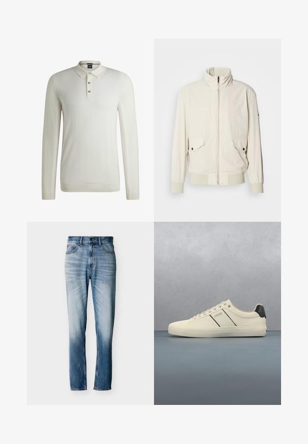 Licht beige jasje met een hoge kraag, ritssluiting, twee klepzakken en ribgebreide manchetten. Gemaakt van een zachte, gladde stof.; BOSS LANCIONE - Trui - open white eleven; Verbleekte blauwe jeans met rechte pijpen, vijf zakken, knoopsluiting en riemlussen, plat uitgestald op een witte achtergrond.; Crème-kleurige sneakers met een gladde textuur, voorzien van zwarte accenten en branding. Tijdloos vetersysteem met een ronde neus en rubberen zool.