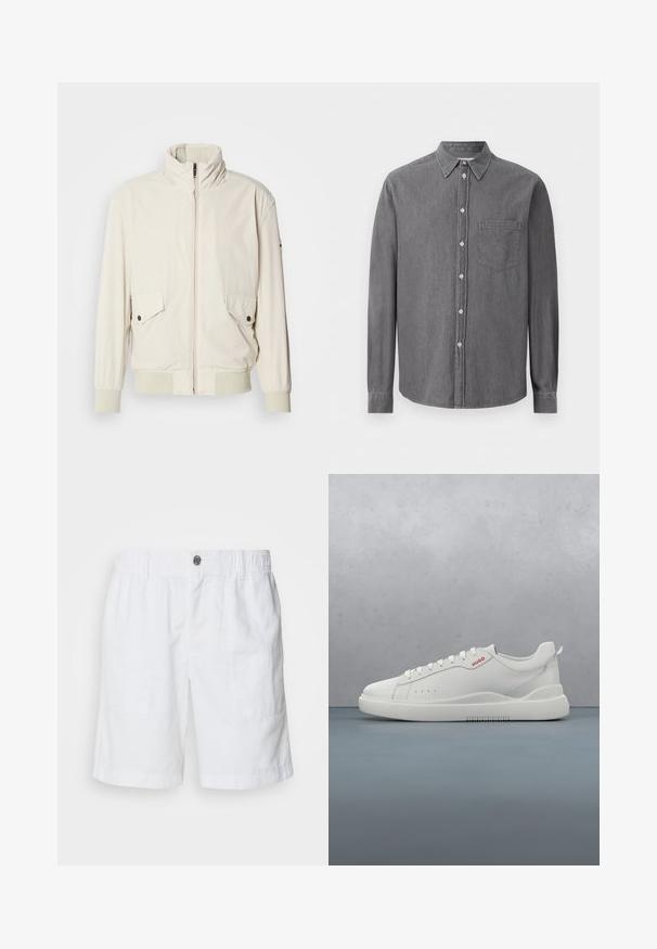 Chaqueta de color beige claro con un cuello alto, cierre de cremallera, dos bolsillos con solapa y puños acanalados. Confeccionada en un material suave y liso.; Camisa gris de manga larga con botones, hecha de tejido suave, con un collar clásico, un bolsillo en el pecho y cierre estándar con botones.; Shorts de lino blanco con una cintura elástica y un botón de metal. Presenta dos bolsillos laterales y un diseño de corte relajado.; Zapatilla blanca con un acabado de cuero liso, punta redonda, cuatro ojales, perforaciones sutiles y un detalle de logo rojo en el lateral.