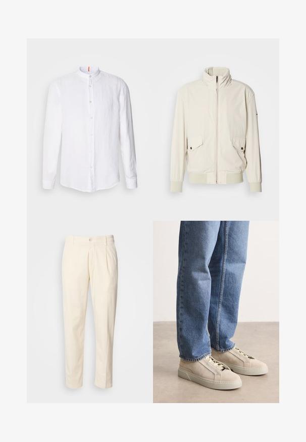 Lys beige jakke med høj krave, lynlås, to klaplommer og ribbede manchetter. Fremstillet af et blødt, glat materiale.; Hvid linnedskjorte med mandarin-krave, frontknaplukning, lange ærmer og en subtil tekstur. Markant orange accent på kraven.; Krèmfargede bomuldsbukser med lige ben-design, der har frontfolder, knaplukning og sidelommer. Glat tekstur.; BOSS GARYTENN_SDHDEL - Sneakers - natural ten
