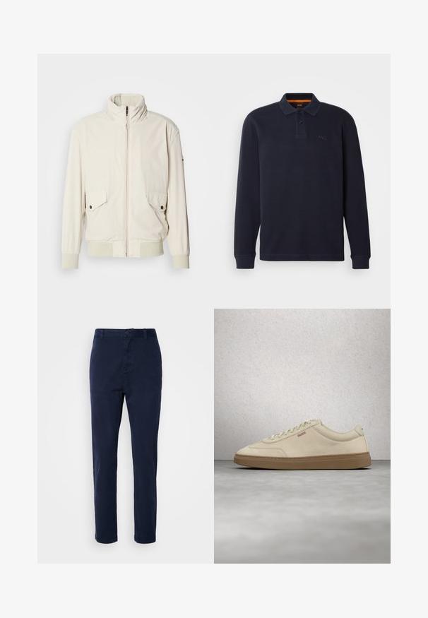 Lys beige jakke med høj krave, lynlås, to klaplommer og ribbede manchetter. Fremstillet af et blødt, glat materiale.; Mørkeblå langærmet polo skjorte lavet af tekstureret stof med en knaplukning ved halsen. Har et lille broderet logo på brystet.; Mørkeblå chinos lavet af letvægtsstof, med lige ben-design, knaplukning og sidelommer. Glat tekstur uden mønstre.; Lyse beige ruskindssneaker med gummisål i farven gum, tydelige snørebånd og fine syningsdetaljer. Ren design med et minimalistisk æstetisk udtryk.