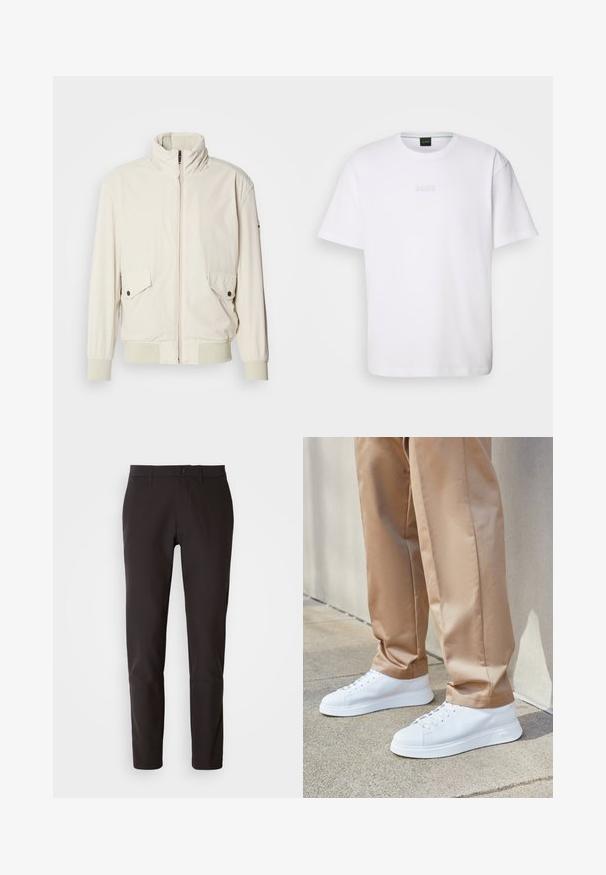 Licht beige jasje met een hoge kraag, ritssluiting, twee klepzakken en ribgebreide manchetten. Gemaakt van een zachte, gladde stof.; Witte katoenen T-shirt met korte mouwen, ronde halslijn en reliëf 'BOSS' logo op de borst. Veilig textuur, standaard pasvorm.; Zwarte broeken van gladde stof, met een rechte snit, een standaard tailleband met een knoopsluiting, en zonder zichtbare zakken of patronen.; Witte leren sneakers met een gladde afwerking, ronde neuzen, witte veters en een minimalistisch ontwerp. Draag ze met lichtbruine, taps toelopende broeken.