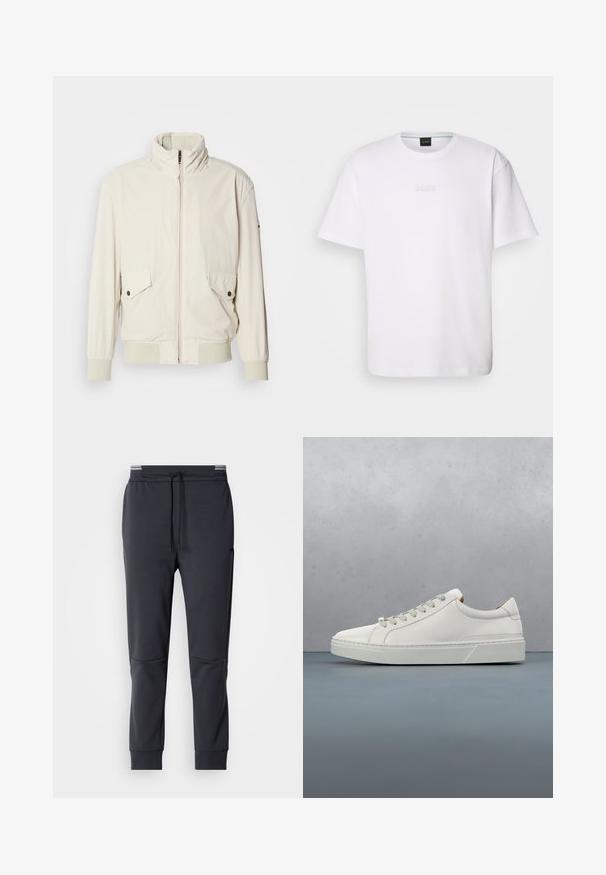 Lys beige jakke med høj krave, lynlås, to klaplommer og ribbede manchetter. Fremstillet af et blødt, glat materiale.; Hvid bomulds T-shirt med korte ærmer, rund halsudskæring og præget "BOSS" logo på brystet. Glat tekstur, standard pasform.; Mørkegrå sweatpants med snoretræk i taljen, tapered ben og sidelommer. Glat tekstur og minimalistiske designdetaljer.; Hvid lædersneaker med rund tå, minimalistisk design, grå snørebånd og en tekstureret grå gummisål. Subtile syningsdetaljer er synlige.
