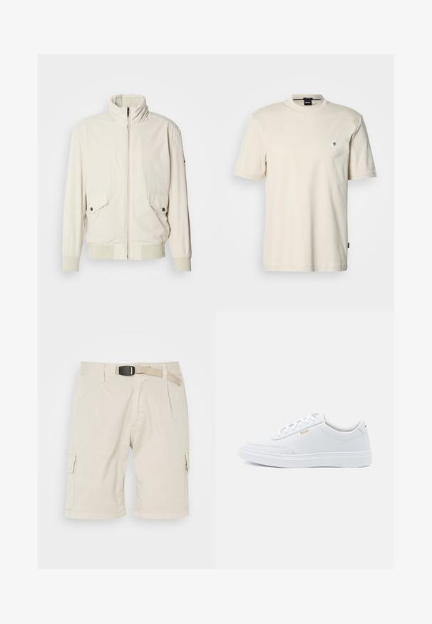 Chaqueta de color beige claro con un cuello alto, cierre de cremallera, dos bolsillos con solapa y puños acanalados. Confeccionada en un material suave y liso.; Camiseta de manga corta y cuello redondo en algodón beige claro. Presenta un pequeño logo redondo en el pecho y un dobladillo recto.; Pantalones cortos de carga beige con un frente plano, lazos para cinturón, pliegues, bolsillos laterales y una tela texturizada. La longitud llega hasta la mitad del muslo.; Zapatillas de cuero blanco con textura suave, puntera redondeada y costuras tonales. Cuentan con cordones azules y un logo dorado en el lateral.