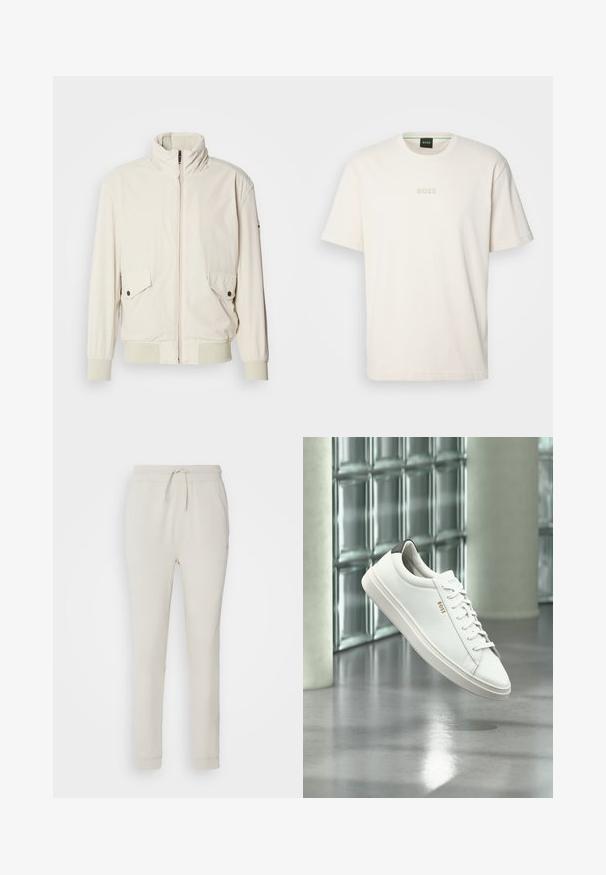 Chaqueta de color beige claro con un cuello alto, cierre de cremallera, dos bolsillos con solapa y puños acanalados. Confeccionada en un material suave y liso.; BOSS TEE - Camiseta básica - open white; Pantalones deportivos de color beige claro, hechos de una suave tela texturizada. Cuentan con una cinturilla con cordón, puños acanalados y bolsillos laterales. Ajuste entallado.; Zapatilla deportiva de piel blanca de corte bajo con cordones, lengüeta negra en el talón y logo "BOSS", flotando en interiores cerca de una pared de bloques de vidrio y suelo pulido.
