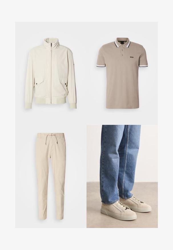 Lys beige jakke med høj krave, lynlås, to klaplommer og ribbede manchetter. Fremstillet af et blødt, glat materiale.; Beige polo-shirt med klassisk krave, korte ærmer og kantbånd med sort og hvid accent. Broderet 'BOSS' logo på brystet.; Lys beige bukser med en glat stoftekstur, elastisk talje og justerbar snor. Taperet ben-design. Ingen synlige mønstre.; BOSS GARYTENN_SDHDEL - Sneakers - natural ten