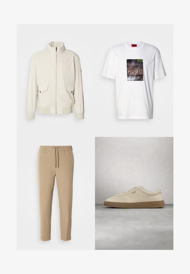 Helle beigefarbene Jacke mit hohem Kragen, Reißverschluss, zwei aufgesetzten Taschen und gerippten Bündchen. Aus einem weichen, glatten Material gefertigt.; Weißes Baumwoll-T-Shirt mit einem rechteckigen Grafikdruck und dem Schriftzug "HUGO" auf einer strukturierten, dunklen Oberfläche, umgeben von Grünpflanzen.; Beige, taillierte Hose mit elastischem Bund und Kordelzug. Glattes Material mit einem schlichten Design ohne sichtbare Muster oder Hardware.; Hellbeiger Wildledersneaker mit Gummisohle, auffälligen Schnürsenkeln und dezenten Nahtdetails. Sauberes Design mit minimalistischem Ästhetik.