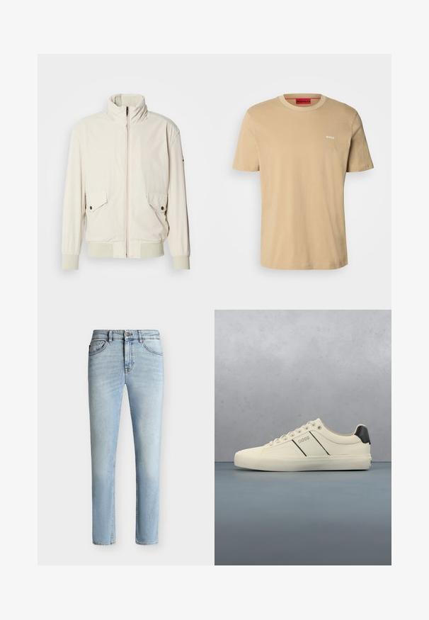 Chaqueta de color beige claro con un cuello alto, cierre de cremallera, dos bolsillos con solapa y puños acanalados. Confeccionada en un material suave y liso.; Camiseta de algodón beige con cuello redondo, mangas cortas y un pequeño logo blanco "HUGO" en el pecho. Textura suave sin patrones.; Vaqueros ajustados de denim azul claro con botón y cremallera delanteros, diseño de cinco bolsillos y sutil desgaste desde el muslo hasta la rodilla.; Zapatillas de color crema con una textura suave, que presentan acentos y marcas en negro. Diseño clásico de cordones con punta redonda y suela de goma.