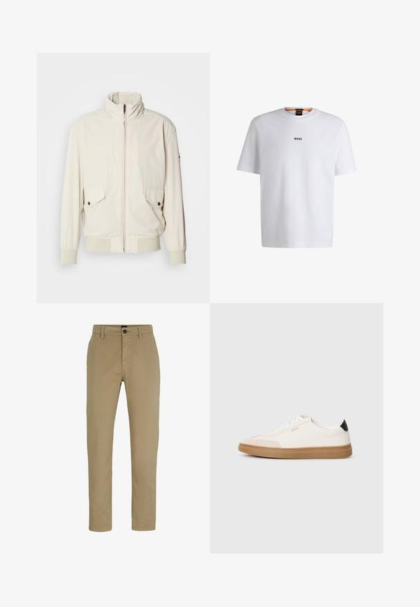 Licht beige jasje met een hoge kraag, ritssluiting, twee klepzakken en ribgebreide manchetten. Gemaakt van een zachte, gladde stof.; Witte katoenen T-shirt met korte mouwen, voorzien van een zwart "BOSS"-logo in het midden van de borst en een ronde halsontwerp.; Beige katoenen chinos met een slim fit, platte voorkant en een knoopsluiting. Voorzien van ceintuurlussen en zijzakken voor functionaliteit.; Witte sneakers met beige accenten, bovenwerk van glad leer, ronde neus en rubberen gumzool, met een zwarte hieltab en subtiele branding.