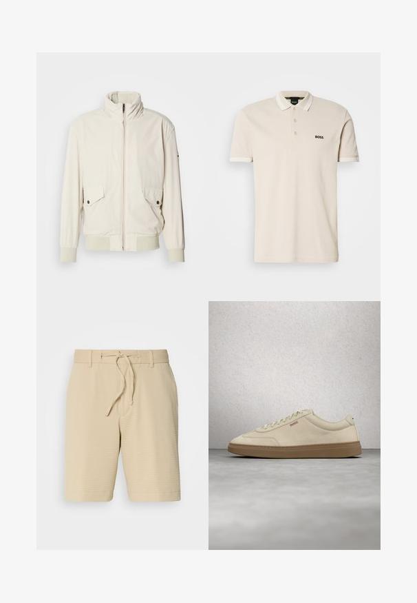 Heledbeez värvi jakk kõrge kraega, lukuga, kahe klapiga taskuga ja soonikkoes mansettidega. Valmistatud pehmest, siledast materjalist.; Beige polo särk kaelusega, kolme nööbiga plaaniga ja tikkitud musta logoga vasakul rinnal. Lühikesed varrukad valgete aktsentidega.; Beez shorts, mis on valmistatud tekstureeritud kangast. Need on varustatud elastse vöökoha ja nööriga ning funktsionaalsete küljetaskutega.; Helebeežist beežist pastellseemisnahast toss, kummisest kummist tallaga, silmapaistvate paelte ja peenikeste õmblustega. Puhas disain minimalistliku esteetikaga.