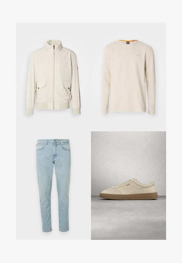 Veste beige clair avec un col haut, fermeture éclair, deux poches à rabat et des poignets côtelés. Fabriquée dans un matériau doux et lisse.; T-shirt beige clair à manches longues en tissu texturé. Présente un col ras du cou et un petit logo sur la poitrine avec un accent orange à l'intérieur du col.; Jean en denim bleu clair à coupe slim, avec cinq poches, fermeture par bouton et zip, et légère décoloration pour un aspect net.; Baskets en daim beige clair avec une semelle en caoutchouc gomme, des lacets prononcés et des détails de couture subtils. Design épuré avec une esthétique minimaliste.