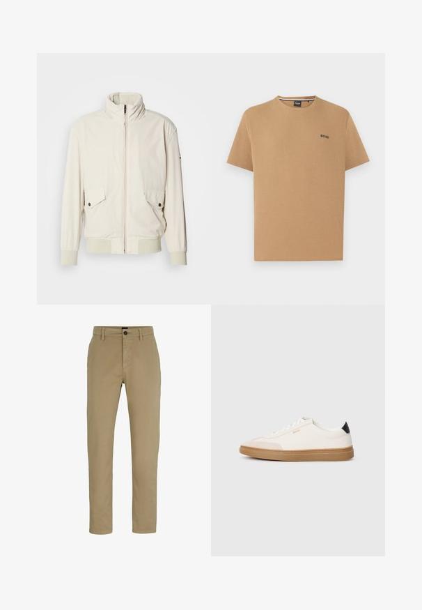 Licht beige jasje met een hoge kraag, ritssluiting, twee klepzakken en ribgebreide manchetten. Gemaakt van een zachte, gladde stof.; Beige T-shirt met korte mouwen in wafelkatoen, ronde hals en klein zwart "BOSS"-logo op de linkerborst.; Beige katoenen chinos met een slim fit, platte voorkant en een knoopsluiting. Voorzien van ceintuurlussen en zijzakken voor functionaliteit.; Witte sneakers met beige accenten, bovenwerk van glad leer, ronde neus en rubberen gumzool, met een zwarte hieltab en subtiele branding.