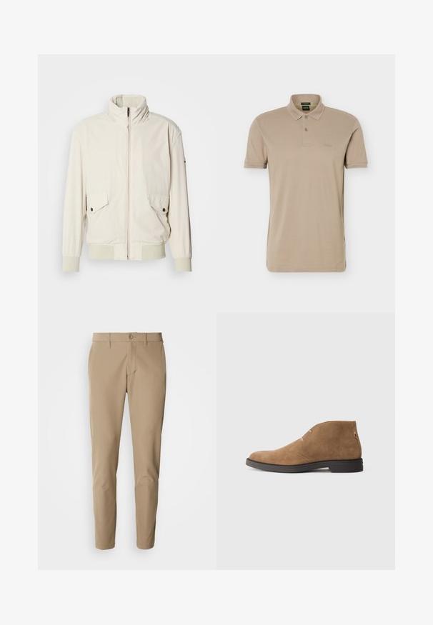 Helle beigefarbene Jacke mit hohem Kragen, Reißverschluss, zwei aufgesetzten Taschen und gerippten Bündchen. Aus einem weichen, glatten Material gefertigt.; Beige Polohemd mit kurzen Ärmeln, zwei Knöpfen und einem kleinen, geprägten Logo auf der linken Brust.; Beige Hose aus glattem Stoff mit geradem Schnitt, ausgestattet mit einem Knopfverschluss und frontalen Taschen, ergänzt durch Gürtelschlaufen.; Braune Veloursleder-Ankle Boots mit runder Zehenform, minimalen Nahtdetails und einem niedrigen schwarzen Gummihacken. Klassisches Design, vielseitig kombinierbar für verschiedene Outfits.
