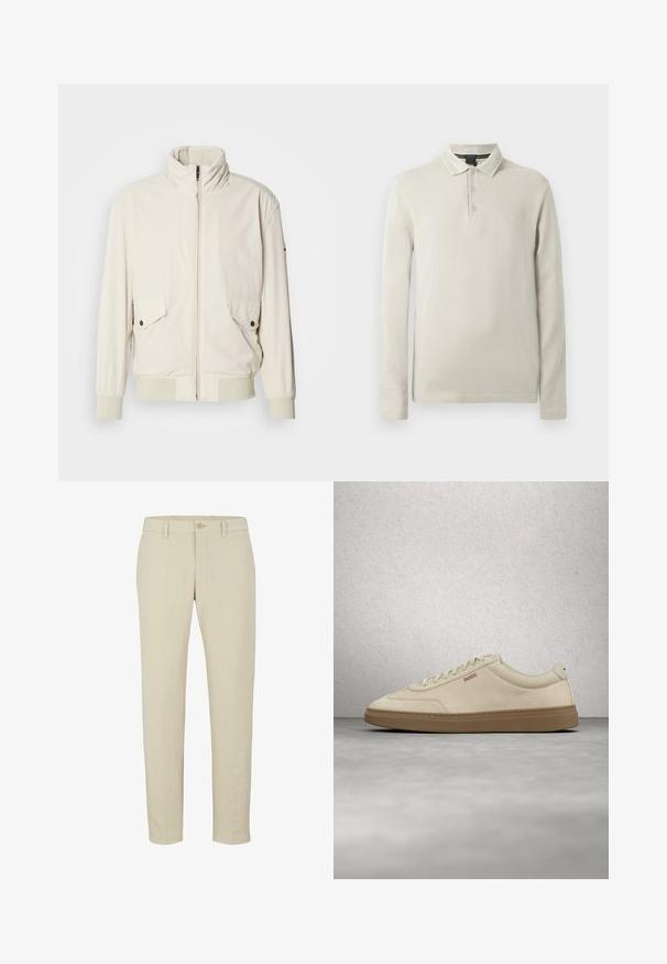 Helle beigefarbene Jacke mit hohem Kragen, Reißverschluss, zwei aufgesetzten Taschen und gerippten Bündchen. Aus einem weichen, glatten Material gefertigt.; Langärmeliges Poloshirt in hellem Beige aus weichem Stoff. Verfügt über einen Kragen, eine Knopfleiste mit drei Knöpfen und eine dezente Logo-Stickerei auf der Brust.; Beige maßgeschneiderte Hose mit Reißverschluss, einzelner Knopfverschluss und Gürtelschlaufen. Glattes Material mit geradem Bein und ohne sichtbare Muster.; Hellbeiger Wildledersneaker mit Gummisohle, auffälligen Schnürsenkeln und dezenten Nahtdetails. Sauberes Design mit minimalistischem Ästhetik.