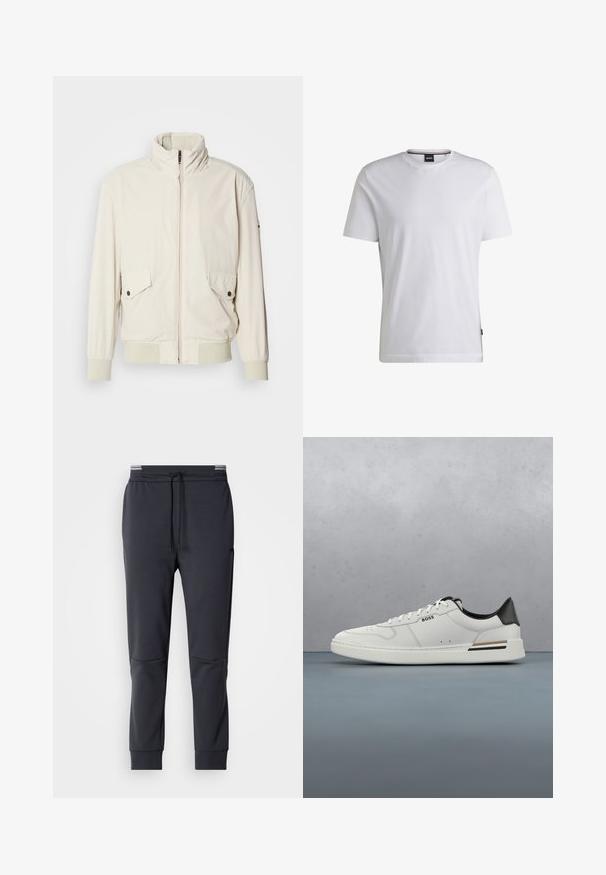 Licht beige jasje met een hoge kraag, ritssluiting, twee klepzakken en ribgebreide manchetten. Gemaakt van een zachte, gladde stof.; Witte T-shirt met korte mouwen van katoen. Heeft een ronde hals en een subtiele merklabel aan de zijkant. Zachte textuur en eenvoudig ontwerp.; Donkergrijze trainingsbroek met een trekkoord in de taille, tapered benen en zijzakken. Glad textuur en minimalistisch ontwerp.; Witte lage sneaker met zwarte hiel, vetersluiting, subtiele perforaties en het "BOSS" logo aan de zijkant, getoond vanuit het zijprofiel.