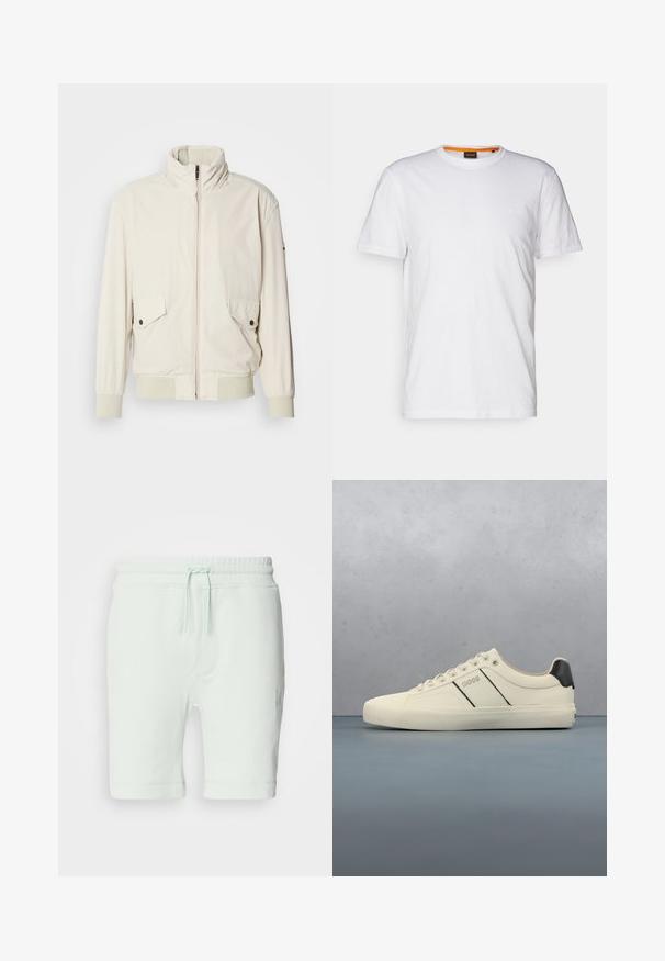 Lys beige jakke med høj krave, lynlås, to klaplommer og ribbede manchetter. Fremstillet af et blødt, glat materiale.; Hvid bomulds T-shirt med rund hals, korte ærmer og et subtilt præget logo på brystet. Indvendigt mærke har en orange detalje.; Lys mintgrønne bomuldsshorts med elastisk talje, justerbar snøre, sidelommer og logo-detalje på højre ben.; Cremefarvede sneakers med en glat tekstur, der har sorte accenter og branding. Klassisk snørebåndsdesign med rund tå og gummisål.
