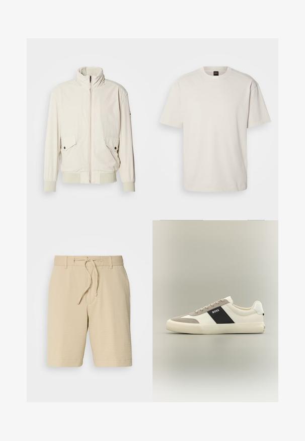 Helle beigefarbene Jacke mit hohem Kragen, Reißverschluss, zwei aufgesetzten Taschen und gerippten Bündchen. Aus einem weichen, glatten Material gefertigt.; Kurzärmliges T-Shirt mit Rundhalsausschnitt aus Baumwolle in Off-White, mit geradem Schnitt und minimalem Branding am Kragen. Weiche Textur, keine Muster.; Beige Shorts aus strukturiertem Stoff, mit einem elastischen Bund und einer Kordelzug sowie seitlichen Taschen für Funktionalität.; Weißer und hellgrauer Sneaker mit niedrigem Schaft, schwarzer Seitenplatte mit "BOSS"-Logo, strukturierter Gummisohle und beigen Schnürsenkeln auf neutralem Hintergrund.